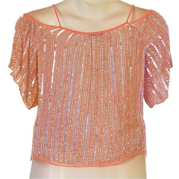 Parker Border Cold Shoulder Beads Sequins Embellished Marmalade Blouse Sz XS - Picture 4 of 8